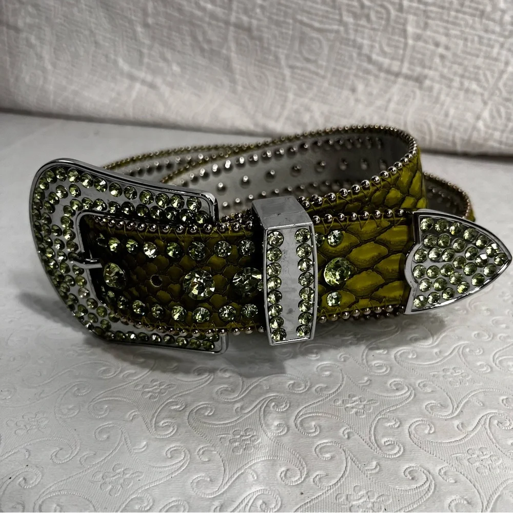 Genuine Leather Rhinestone Belt Western Cowgirl Green Sparkly Bling Belt Small M